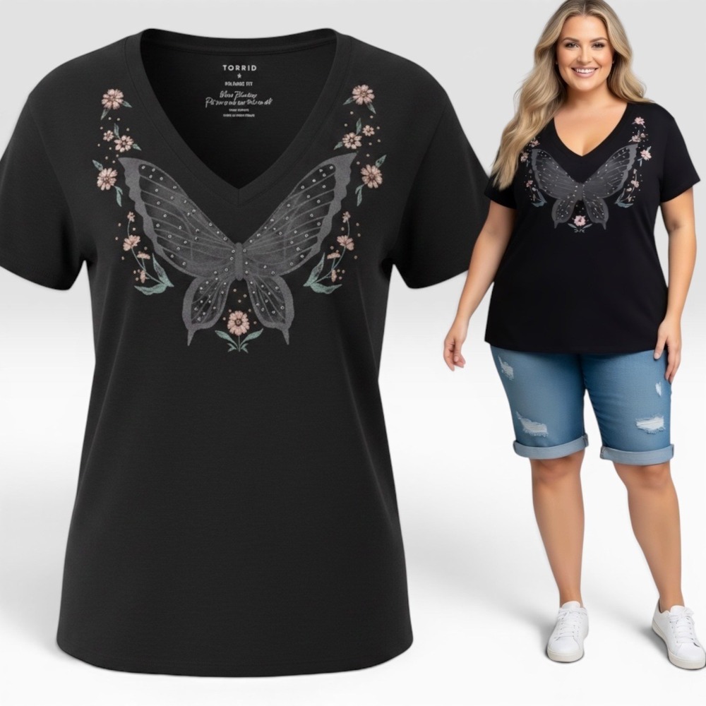 TORRID Butterfly V-Neck Relaxed Vintage Cotton Jersey Tee  NWT Size 3X